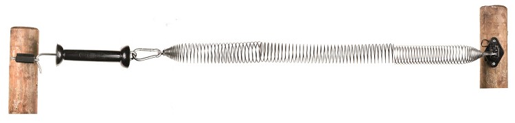 Poortveerset bestaande uit RVS/INOX spiraalveer met conische uiteindes (max 5mtr) en RVS/INOX zwarte KOLTEC poortgreep, poortgreepanker en isolator voor de bevestiging aan de paal. LET OP: Niet geschikt voor paarden!