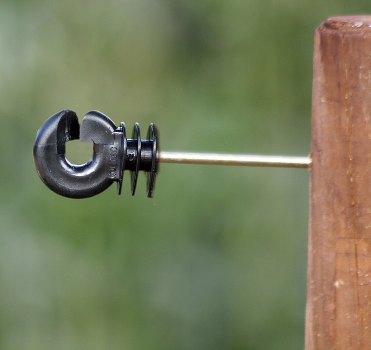 Ringisolator met speciale halflange stift van 10cm. Geschikt voor houten palen