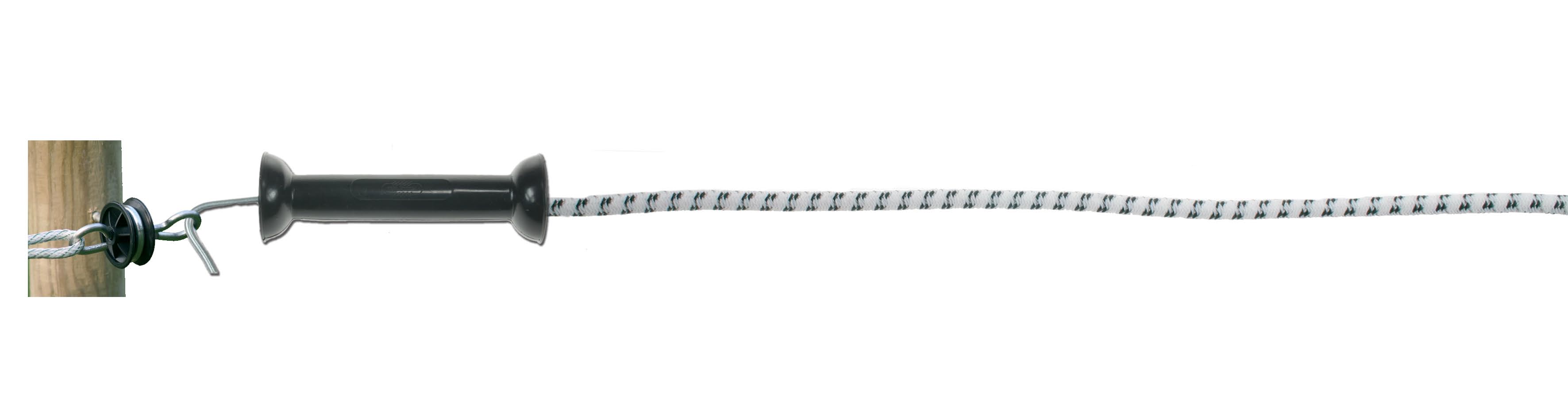 Complete poortset van elastisch koord met stroomgeleiding, KOLTEC poortgreep, poortgreepanker en isolator voor de bevestiging. Geschikt voor poorten tot maximaal 6 meter.
