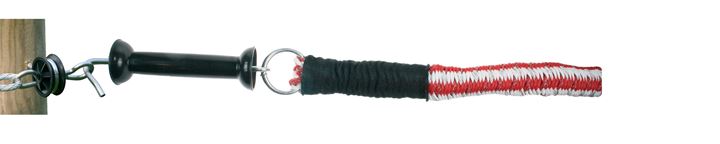 Complete poortset met elastische rood-witte kabel met stroomgeleiding, voor poorten tot maximaal 5 mtr. Incl. KOLTEC poortgreep, poortgreepanker en bevestigingsisolator