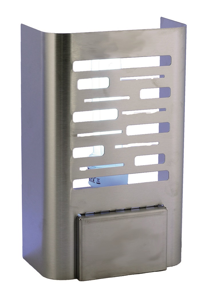 Vliegenlamp met een spaarlamp van 20 Watt. Aan de wand te bevestigen of neer te zetten. Verkrijgbaar in diverse kleuren.