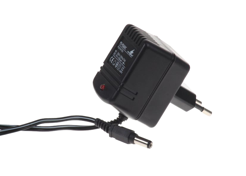 Gelijkstroom adapter DC 9 Volt geschikt om de batterijapparaten EC25 en EB15 te voeden met netstroom.