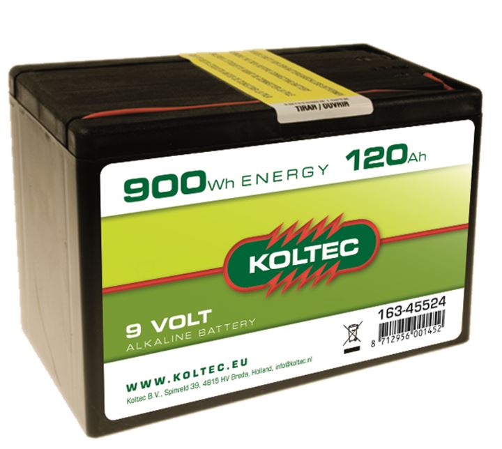 9 Volt - 900 Wh (120 Ah) Alkaline batterij.