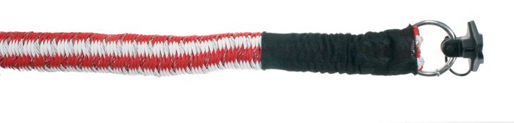 Elastische rood-witte kabel met stroomgeleiding, voor poorten van 4- max 5 mtr, uiteindes voorzien van karabijnhaak en ring.