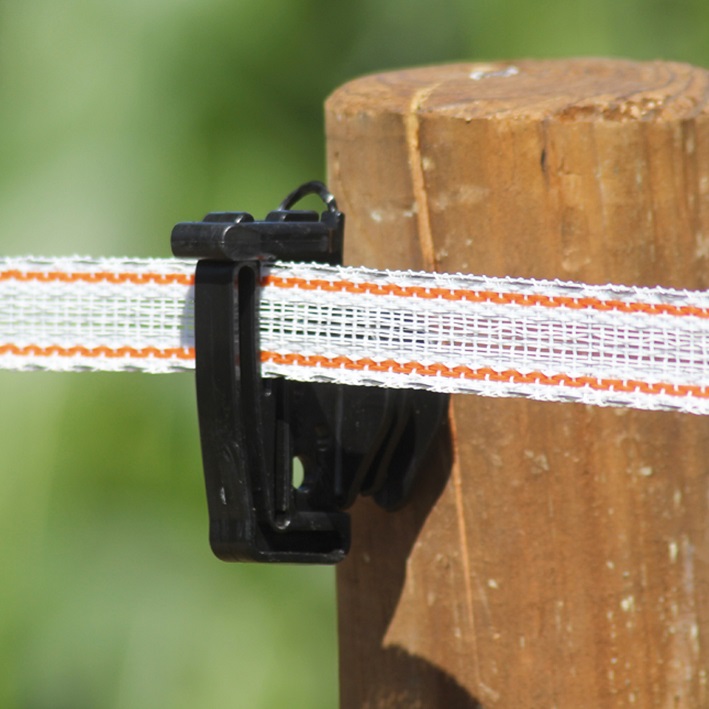 Wit/oranje versterkt 20mm lint met "cross" verbinding, geschikt voor lange afrasteringen.