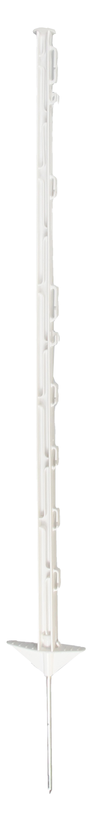 Witte kunststof paal met gunstige prijs/kwaliteit verhouding. Diverse draadhoogtes mogelijk en geschikt voor draad, koord en lint tot 20mm. Lengte 105cm en max. rasterhoogte 85cm.