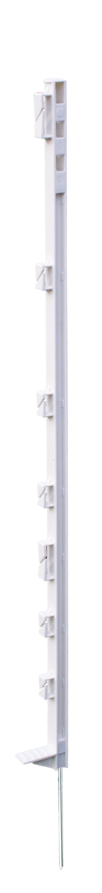 Witte kunststof paal met gunstige prijs/kwaliteit verhouding. Diverse draadhoogtes mogelijk en geschikt voor draad, koord en lint tot 20mm. Lengte 154cm en max. rasterhoogte 130cm.
