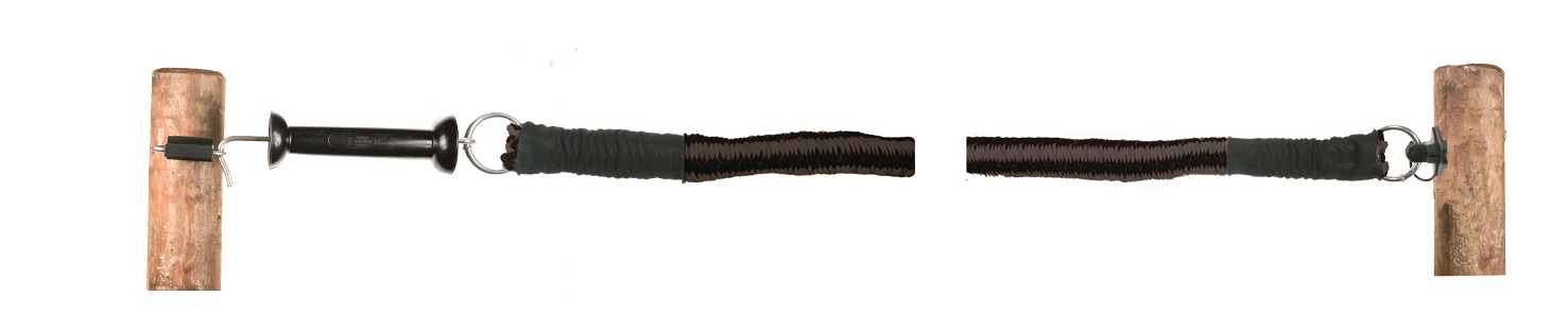 Complete poortset met elastische bruine kabel met stroomgeleiding, voor poorten tot maximaal 3 mtr. Incl. poortgreep, poortgreepanker en bevestigingsisolator