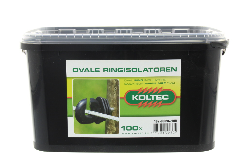Robuuste ovale ringisolatoren met doorlopende ijzeren kern, geschikt voor houten palen, geleverd in een emmer.