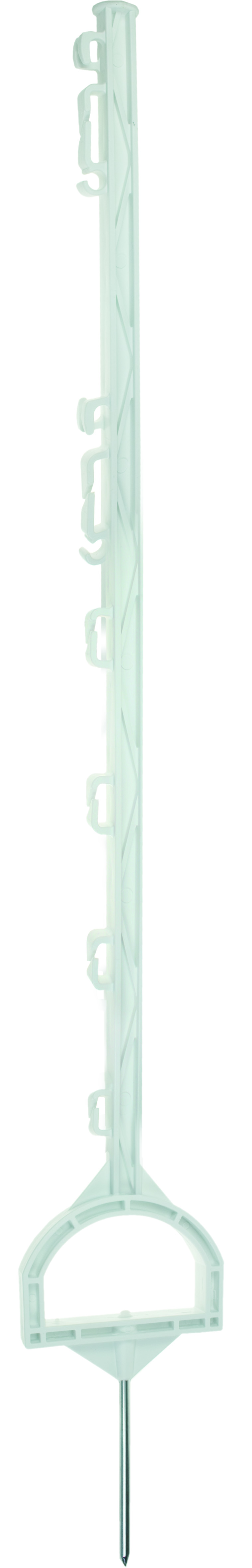 Witte kunststof paal met gunstige prijs/kwaliteit verhouding. Diverse draadhoogtes mogelijk en geschikt voor draad, koord en lint tot 20mm. Lengte 154cm en max. rasterhoogte 130cm.