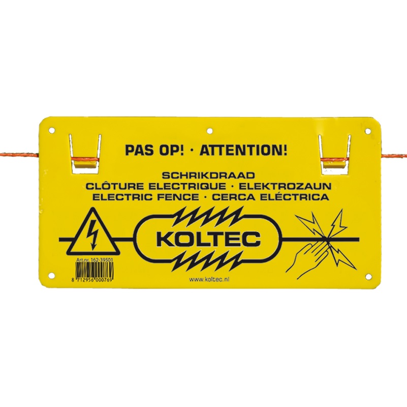 Waarschuwingsbordjes "Pas op schrikdraad". Dit bordje is verplicht bij een elektrische langs de openbare weg.