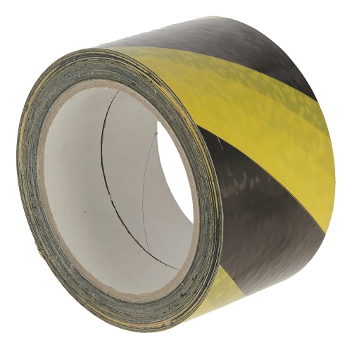 Zelfklevend waarschuwingslint/tape, geel-zwart, PVC, 66 meter lang, 60mm. breed, 32mu dik