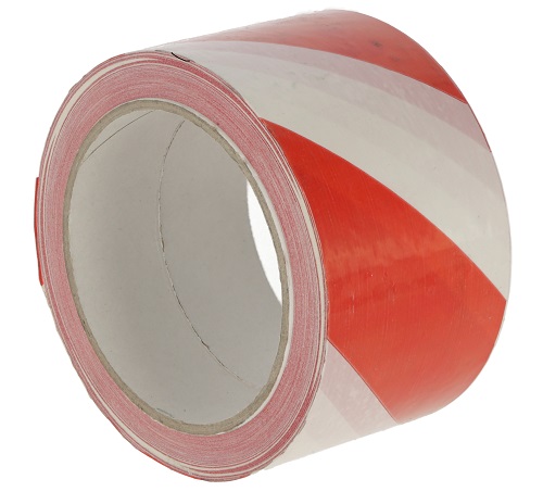 Zelfklevend waarschuwingslint/tape, rood-wit, PVC, 66 meter lang, 60mm. breed, 32mu dik