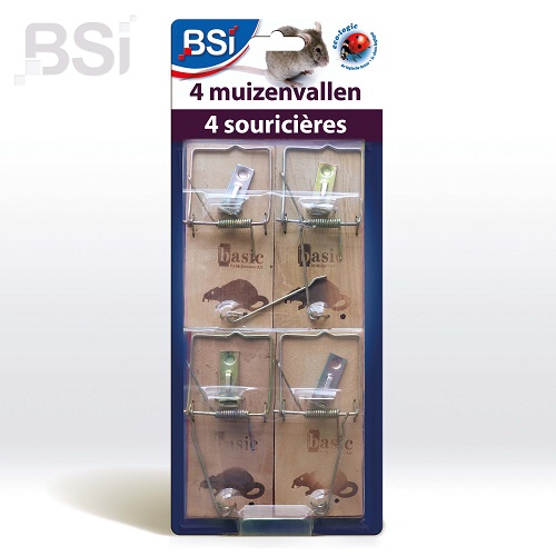 Klassieke houten muizenval, blister met 4 vallen. Zeer doeltreffend.