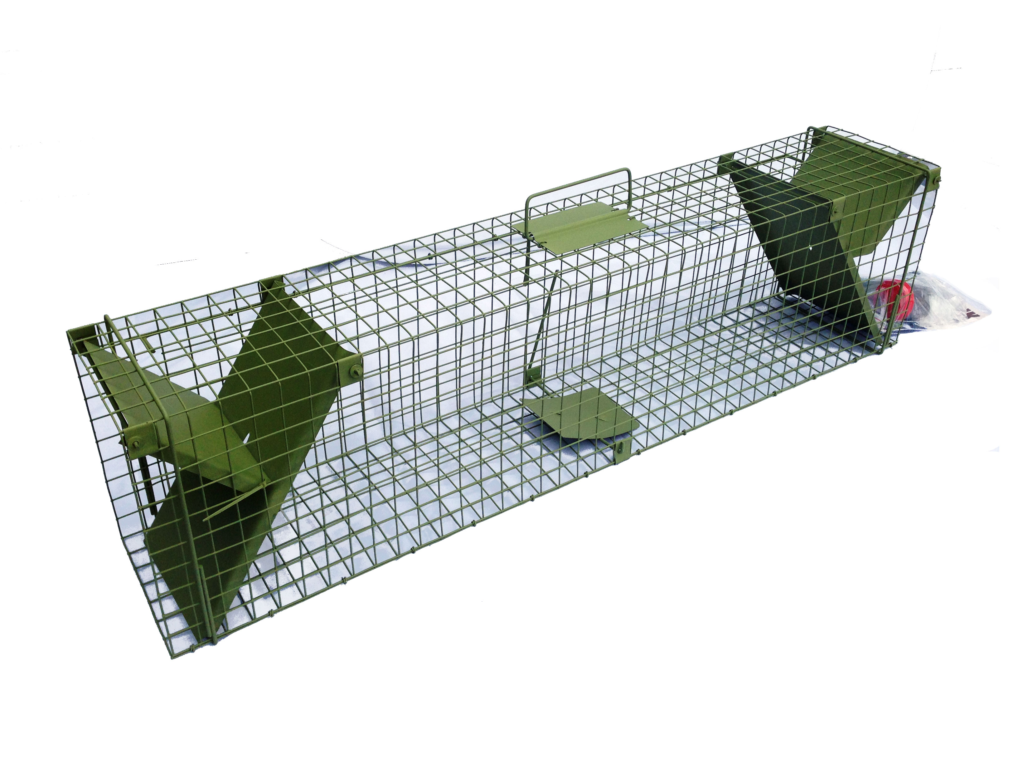 Voor het levend vangen van plaagdieren. Wordt geleverd inclusief potje lokvoer, 1 hangbakje voor b.v. een ei en een tang om een ei te plaatsen.