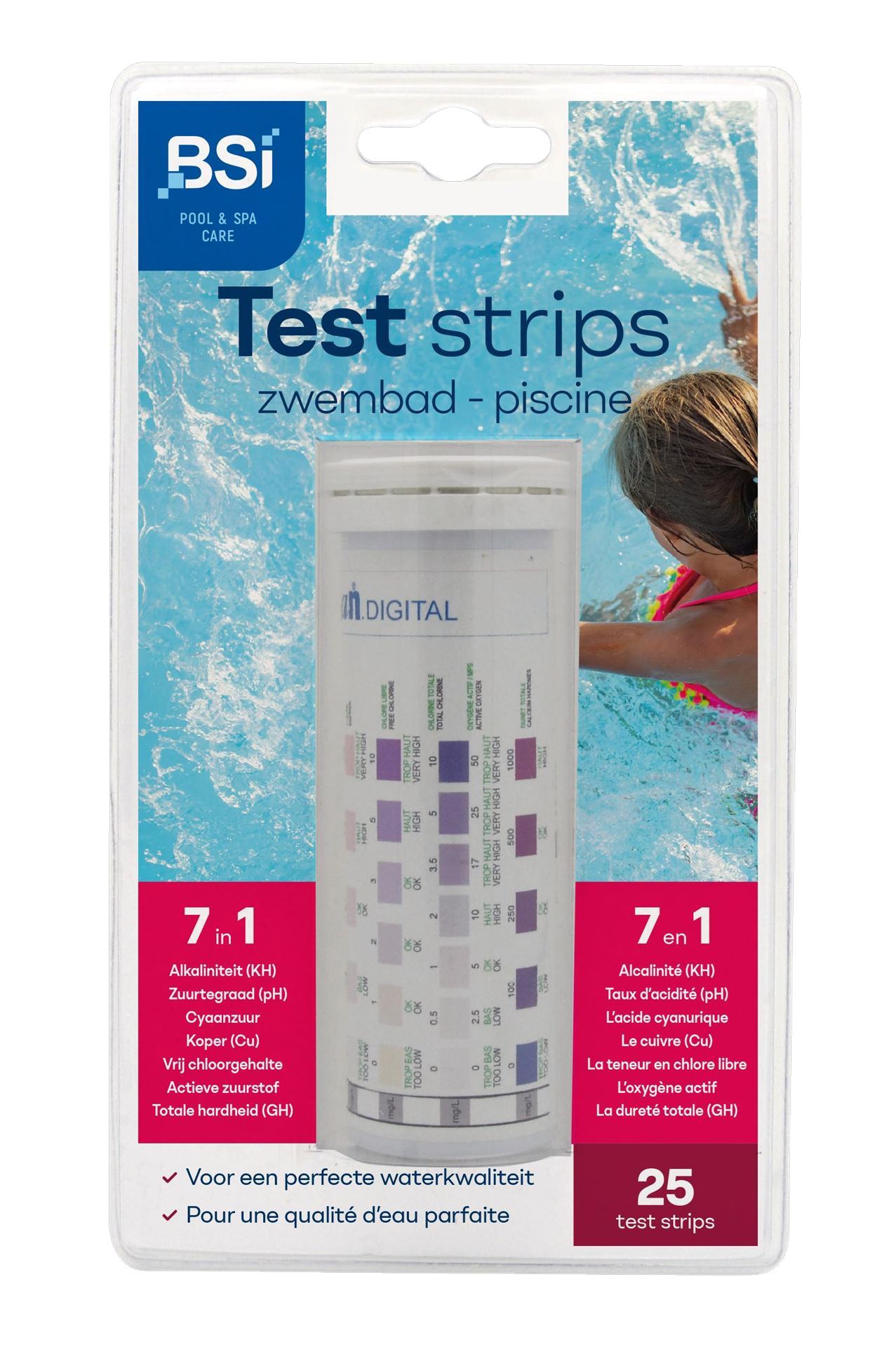 50 test strips voor het bepalen en controleren van pH, kopergehalte, actieve zuurstof en alkaliniteit van het water.
