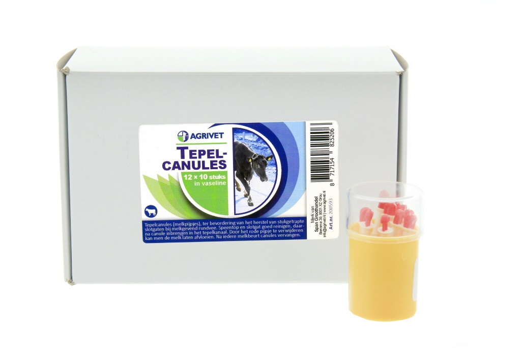 Tepelcanules (melkpijpjes), ter bevordering van het herstel van stukgetrapte slotgaten bij melkgevend rundvee.