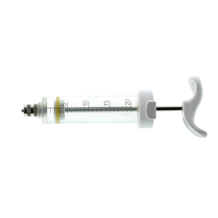 Kunststof injectiespuit met luerlock-aansluiting.