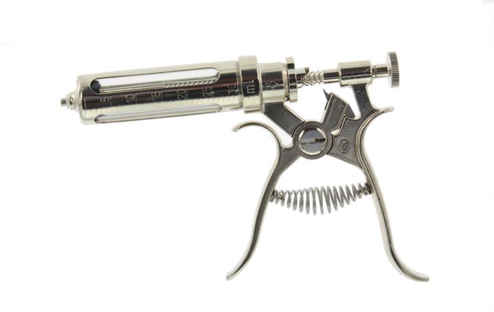 Roux revolver injectie pistool met schroefaansluiting, inhoud 30 ml. Doseringen van 1 tot 5 ml.
