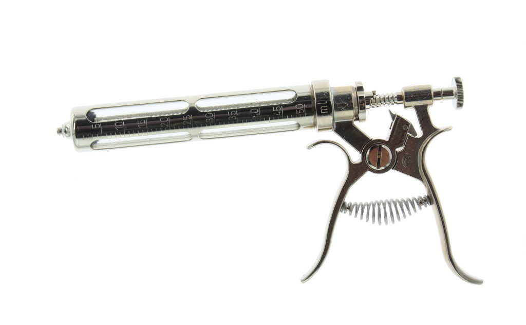 Roux revolver injectie pistool met schroefaansluiting, inhoud 50 ml. Doseringen van 1 tot 5 ml.