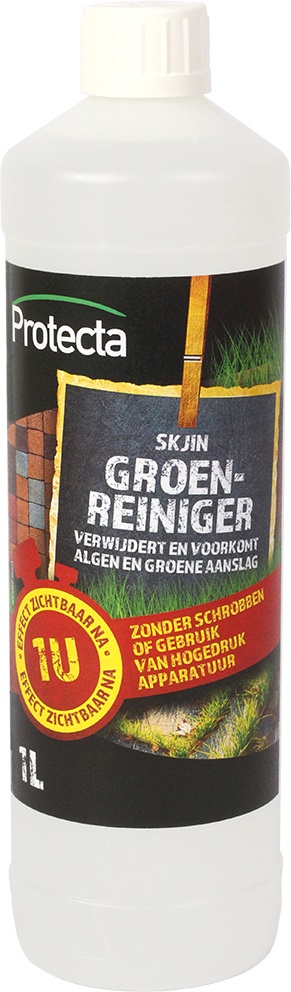 Tegen groene aanslag, algen en mossen op muren, daken, tegelpaden, flagstones, grafzerken, ramen, bielsen, tuinmeubelen e.d.