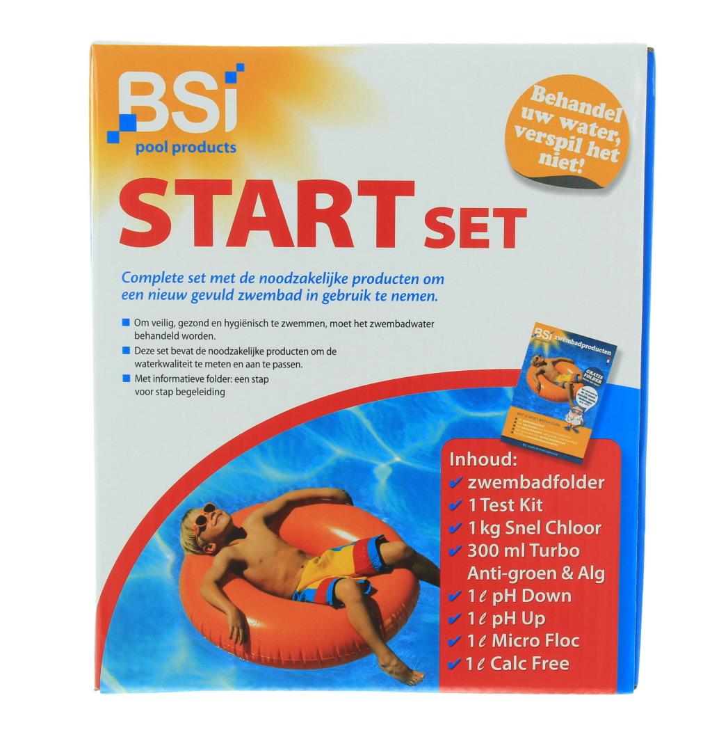 Complete set van wat u nodig heeft om een nieuw gevuld zwembad in gebruik te nemen.
