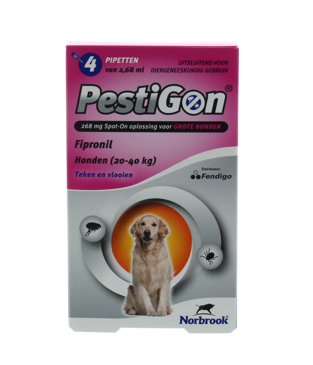 Pipetten tegen vlooien en teken bij honden. Pestigon heeft een onmiddelijke en langdurige werking. Werkt maximaal 8 weken lang tegen vlooien, 4 weken tegen teken.