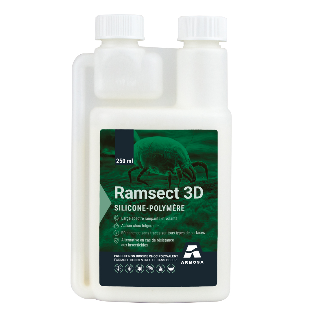 Ramsect EC is een formulering met fysische werking voor de effectieve bestrijding van kruipende en vliegende insecten binnens- en buitenshuis. Dit unieke wateroplosbare concentraat zorgt voor externe immobilisatie van de doelinsecten.