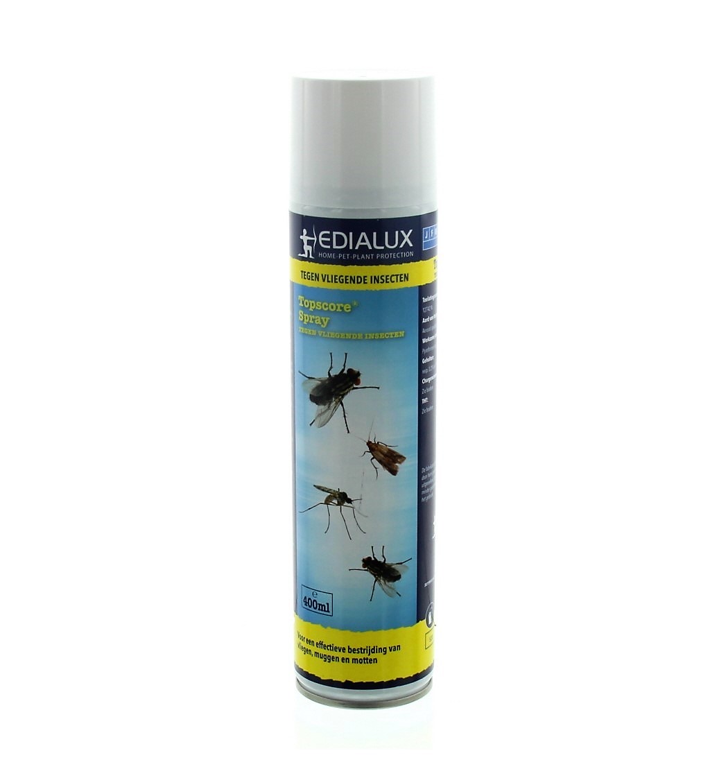 Topscore Spray tegen Vliegende Insecten bestrijdt snel en effectief vliegende insecten, zoals vliegen, muggen en motten in en rondom het huis.