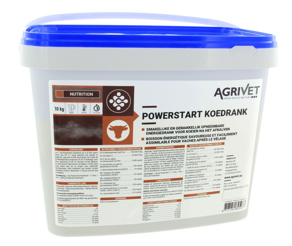 Goed opneembare, smakelijke energiedrank voor koeien na het afkalven voor het aanvullen van vocht- en mineralenverlies.