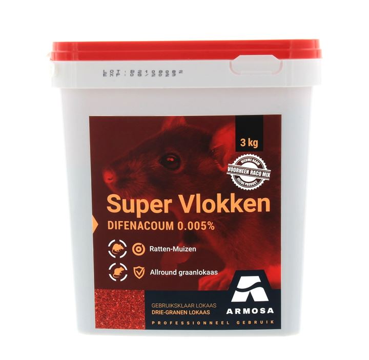 LICENTIEPLICHT. Lokaas op basis van eerste kwaliteit gemengd graan. Zeer smakelijk en met appelextract. Effiecient tegen zowel muizen en bruine- en zwarte ratten.Licentieplicht.