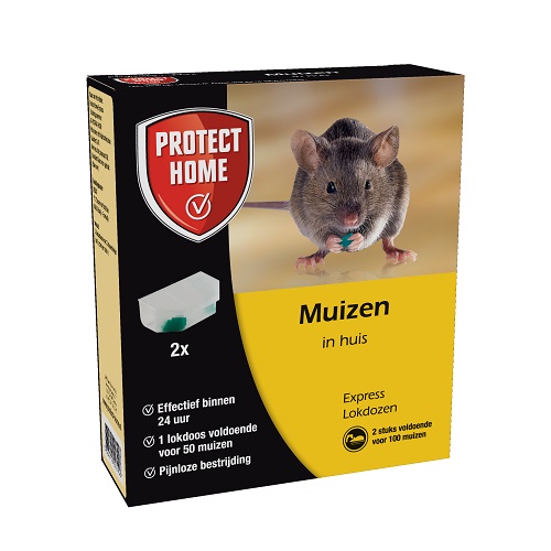 2 Muizenlokdozen met lokaasblokjes op basis van alphachloralose. Uitsluitend voor binnenshuis gebruik.