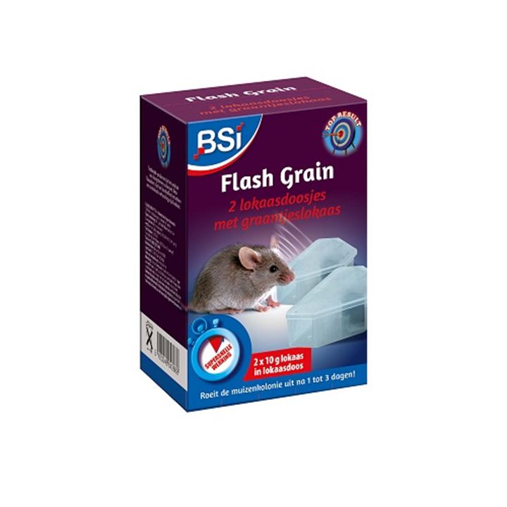 2 lokaasdoosje met elk 10 gram Flash Grain. Aantrekkelijk graantjeslokaas op basis van alphachloralose met snelle werking.