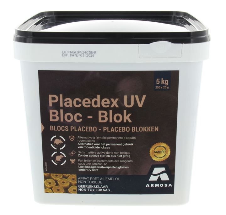 Product voor de detectie van muizen en ratten. Bevat geen gif, zodra er vraat is vervangen door vallen en/of rodenticide.
Zeer vochtbestendig.