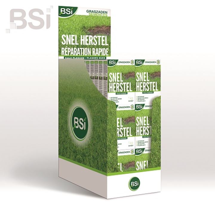 Display met 60 stuks BSI graszaad Herstel 1 kg.