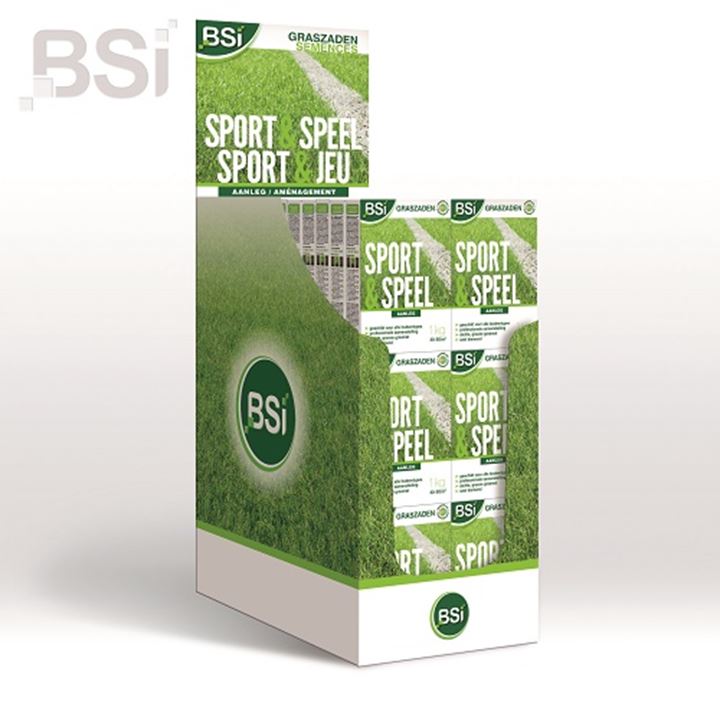 Display met 60 stuks BSI graszaad sport en speel 1 kg.