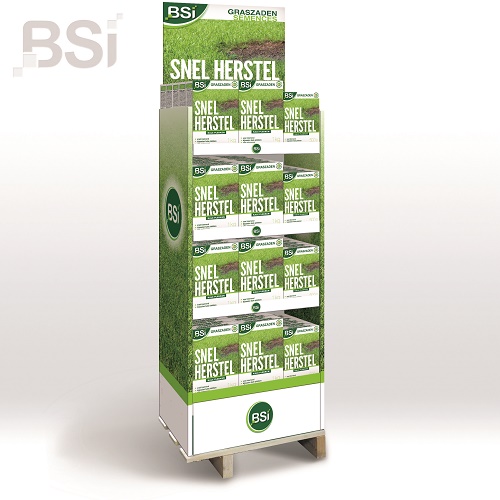 Display met 48 stuks BSI graszaad Snel Herstel 1kg en 28 stuk Snel Herstel 500gram.
