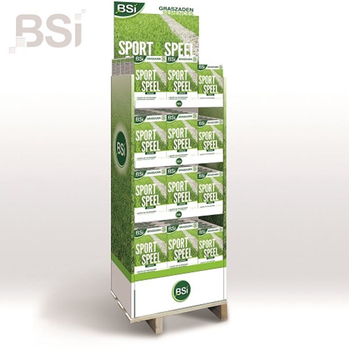 Display met 48 stuks BSI graszaad Sport en Speel 1kg en 28 stuks Sport en pseel 500gram.