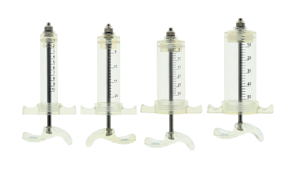 Kunststof injectiespuit met schroefaansluiting. In 10,20,30 en 50 ml verkrijgbaar.